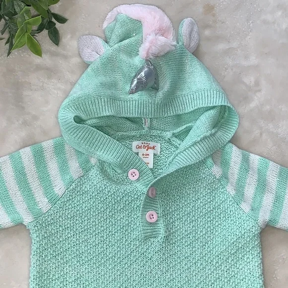 🦄 Cat & Jack 0-3M Mint Green Unicorn Romper EUC - Picture 2 of 11